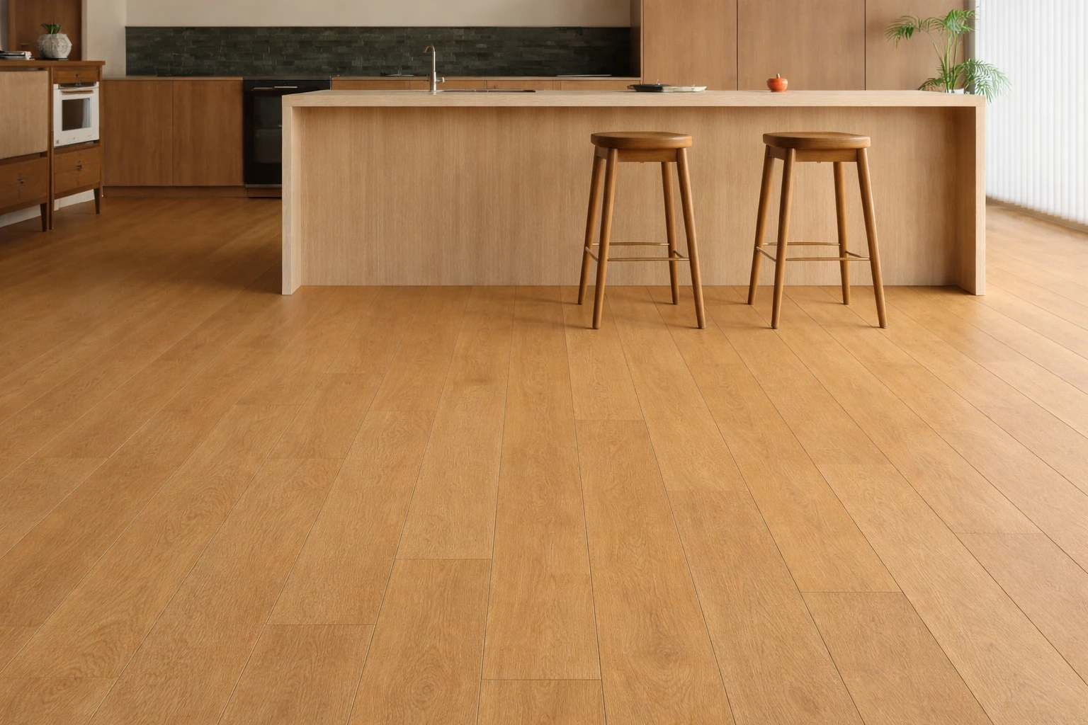 Engineered oak flooring in a bright London kitchen
