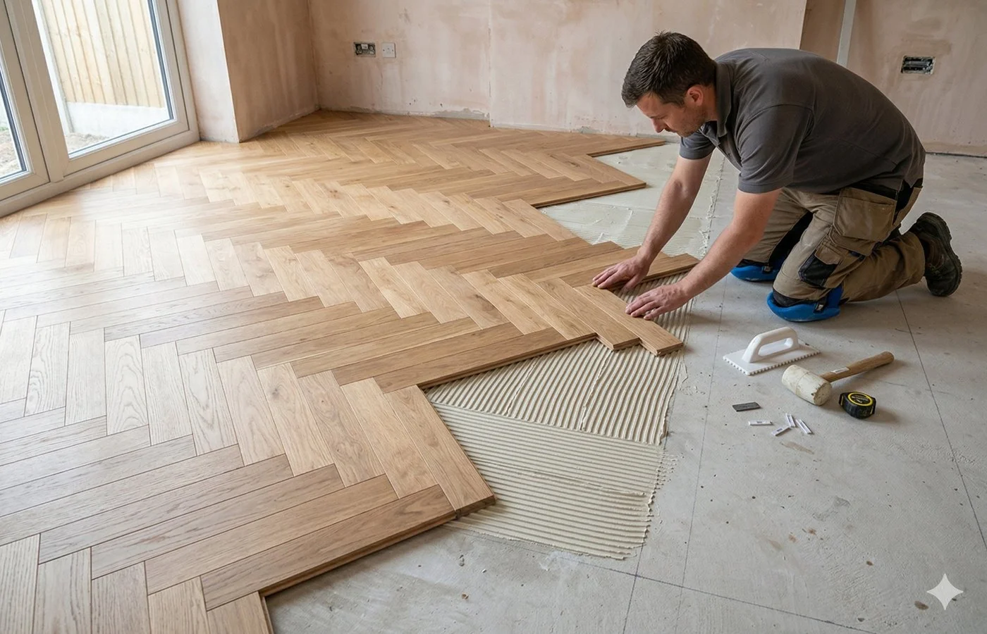 Engineered oak herringbone being laid by a Lignora fitter
